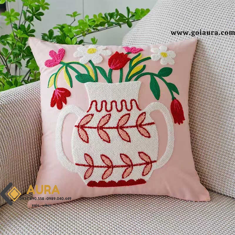 Gối Thêu Hoa Bình Hồng