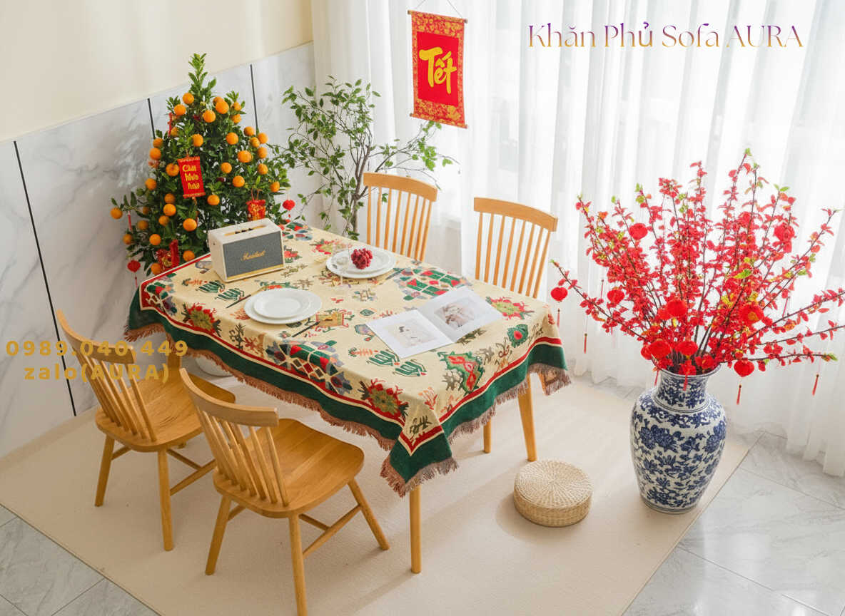 Khăn Trải Bàn Thổ Cẩm Đỏ Vàng