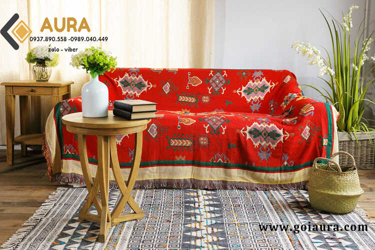 thảm sofa thổ cẩm đỏ vàng 69